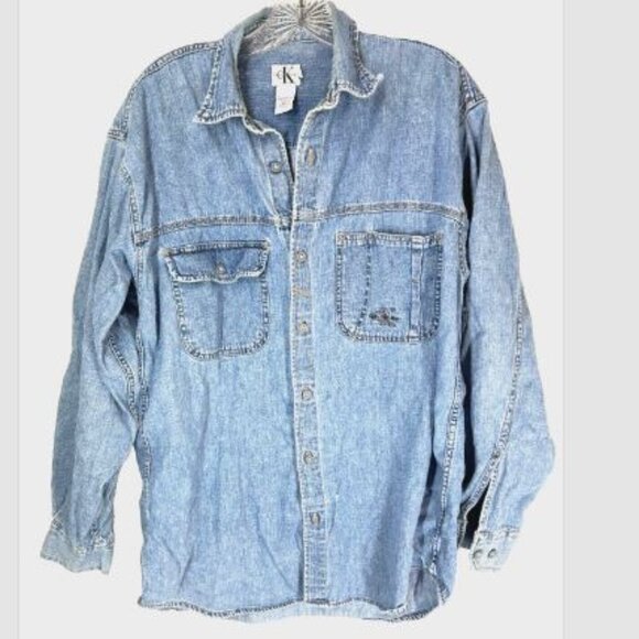 CK Calvin Klein Mens Denim Shirt Small Blue Logo y2K 90s vintage button up layer - Picture 11 of 11
